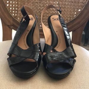 Sofft brand black faux crocodile strappy heel.